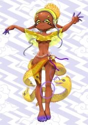 barefoot blue_fingers blue_toes completely_nude completely_nude_female convenient_censoring dark-skinned_female dark_skin fangs frye_(splatoon) frye_onaga inkling inkling_girl koharuno2 splatoon splatoon_(series) splatoon_3 tagme tentacle_hair yellow_eyes yellow_hair