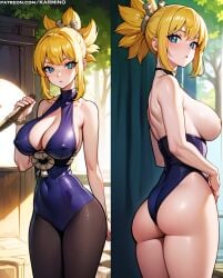 ai_generated ass bangs bare_arms bare_shoulders blonde_hair blue_eyes blush breasts cleavage clothing covered_navel dr.stone dress female from_behind hair_ornament highleg holding holding_weapon knife kohaku_(dr.stone) large_breasts leotard long_hair looking_at_viewer nipples one-piece_swimsuit pantyhose parted_lips ponytail reverse_grip sideboob sidelocks sleeveless solo standing swimsuit thick_thighs thighs tied_hair weapon