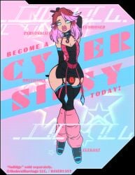 advertisement big_lips bimbo_lips blue_eyes chastity chastity_device collar english_text femboy lock_symbol miniskirt null_bulge oc png raver1357 sipher_(raver1357) sissy sissyfication skirt small_waist stockings text thick_lips thighhighs tiny_waist