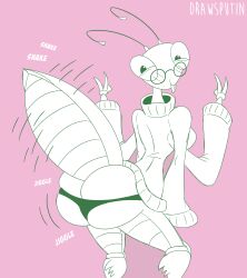 1girls 2020 2020s 4_arms :p antennae ass_cleavage big_ass big_breasts black_eyes black_thong blep bouncing_ass butt_crack commission cute double_peace_sign drawsputin female glasses hand_on_knees hands_on_own_knees insect insect_girl insect_humanoid insects looking_at_viewer looking_back mantis mintybreeze multi_arm multi_limb nerd nerdy_female non-mammal_breasts peace_sign praying_mantis puck_(mintybreeze) sideboob sweater tagme thong throwing_it_back twerking