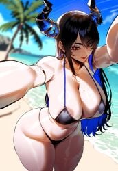 ai_generated ass ass_focus beach big_ass big_breasts big_butt big_thighs bikini clothing dijiai fat_ass female female_only focus from_front_position front_view heart-shaped_pupils highleg hololive hololive_english horns hourglass_figure leaning_forward looking_at_viewer nerissa_ravencroft nipple_slip nipples ocean palm_tree round_ass round_butt selfie selfie_pose smile standing thick thick_ass thick_butt thick_legs thick_thighs thighs virtual_youtuber vtuber wide_hips