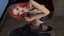 3d 3d_(artwork) apartment ass big_breasts blue_eyes breasts crashbanditkut ear_piercing eyebrow_piercing female hair hairpin long_hair makeup multicolored_hair on_knees pasties pose queen_of_spades red_hair socks solo_female tattoo tattoo_on_chest tongue tongue_out tongue_piercing underwear virtamate