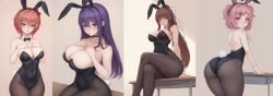 4girls :o animal_ears animal_tail ass bangs bare_arms bare_shoulders black_bow black_bowtie black_legwear black_leotard black_neckwear black_pantyhose blue_eyes blush bow bowtie breast_suppress breasts brown_hair brown_legwear bunny_ears bunny_girl bunny_tail bunnysuit choker cleavage clothing corvus_g covered_navel crossed_legs desk detached_collar doki_doki_literature_club embarrassed fake_animal_ears fake_tail female green_eyes hair_between_eyes hair_intakes hair_ornament hair_ribbon hairband hairbow hairclip hand_on_chest hand_on_own_chest hands_on_own_chest headwear high_resolution highleg highleg_leotard huge_breasts large_breasts large_filesize legwear leotard long_hair looking_at_viewer looking_back monika_(doki_doki_literature_club) multiple_girls natsuki_(doki_doki_literature_club) navel neckwear open_mouth pantyhose parted_lips pink_eyes pink_hair playboy_bunny ponytail purple_eyes purple_hair red_bow red_ribbon ribbon sayori_(doki_doki_literature_club) school_desk short_hair sidelocks sitting smile strapless strapless_leotard table tail thighband_pantyhose thighs tied_hair two_side_up very_high_resolution very_long_hair white_ribbon wrist_cuffs yuri_(doki_doki_literature_club)