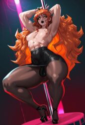 ai_generated bara_tiddies black_lipstick eyeshadow femboy heels makeup male male_only nami nami_(one_piece) nikolgreen one_piece orange_hair otoko_no_ko otokonoko pantyhose pole_dancing skirt stable_diffusion thick_thighs trap