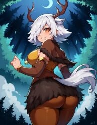 ai_generated_background animal_ears animal_humanoid ass big_butt bubble_butt female fur fur_skirt grey_body grey_fur grey_hair hair hair_over_eye humanoid looking_back tirsiak wolf_ears wolf_tail