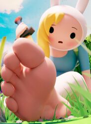 1girls 24mu 80lines adventure_time ant ant_humanoid backpack bag barefoot barefoot_on_grass blonde_female blonde_hair clothed clothing feet female fionna_and_cake fionna_the_human_girl foot_focus giantess human light_skin looking_down macro micro micro_female micro_male outdoors pale_skin puzzled shrink sitting size_difference soles tiny weapon