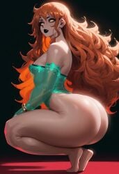 ai_generated black_lipstick eyeshadow femboy makeup nami nami_(one_piece) nikolgreen one_piece orange_hair otoko_no_ko otokonoko squatting stable_diffusion thick_thighs trap