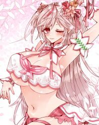 1girls armpit belly_button blush breasts eyebrows_visible_through_hair female female_only grey_hair huge_breasts light-skinned_female light_skin looking_at_viewer mizusiro_(3_2_4_6) nexas_live one_eye_closed pink_eye roseli_petale solo virtual_youtuber wink wrist_cuffs