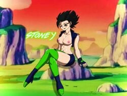 artist_request bare_breasts big_breasts dragon_ball dragon_ball_oc dragon_ball_super dragon_ball_z gloves heels lipstick looking_at_viewer original_character outdoors scar short_shorts smiling smiling_at_viewer stockings stoney_(oc) text