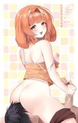 1boy 1girls animal_ears areola blush breasts brown_eyes bunny_ears bunny_girl censored cum ejaculation facesitting handjob huge_breasts light-skinned_female light-skinned_male light_skin mintxnao miuna_usako mosaic_censoring nipple open_mouth orange_hair pixellink virtual_youtuber