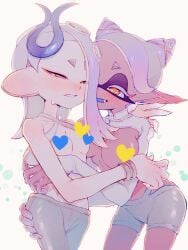 2girls blue_tongue blush breasts cephalopod_eyes clothing colored_tongue dark-skinned_female dark_skin domino_mask female frye_(splatoon) hair_over_one_eye heart hug inkling jewelry long_hair looking_at_viewer mask mole multicolored_hair multiple_girls navel octarian octoling open_mouth pants pointed_ears purple_hair red_eyes shiver_(splatoon) shorts small_breasts smile splatoon splatoon_(series) splatoon_2 splatoon_3 suction_cups sweat symbol-shaped_pupils tentacle_hair yellow_eyes yuri