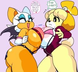 2girls animal_crossing anthro areolae bat big_breasts big_thighs black_eyes blue_eyeshadow breast_press breasts busty canine cassettedream chiropteran crossover dialogue dream-cassette duo eyeshadow female female_only hoshime huge_breasts huge_thighs isabelle_(animal_crossing) large_breasts large_thighs lips lipstick makeup nintendo nipples orange_skin panties pink_lipstick rouge_the_bat sega sonic_(series) sonic_the_hedgehog_(series) sweat sweaty_body tail teal_eyes text thick thick_hips thick_thighs voluptuous voluptuous_female white_hair	 wide_hips yellow_fur yellow_hair