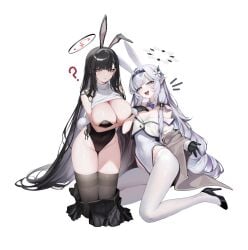 2girls black_hair blue_archive breasts bunny_girl cleavage hair_flower halo himari_(blue_archive) kneeling large_breasts ness_(pjw0168) open_mouth playboy_bunny rio_(blue_archive) silver_hair skirt very_long_hair