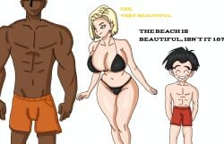 1girl2boys 1girls 2boys 2boys1girl android android18art android_18 android_girl beach big_breasts big_breasts bikini black_bikini black_bikini_bottom black_bikini_only black_bikini_top blonde_female blonde_hair blonde_hair blonde_hair_female blue_eyes blue_eyes_female cheating cheating_female cheating_wife dragon_ball dragon_ball_super dragon_ball_z earring earrings female female huge_boobs huge_breasts husband husband_and_wife imminent_cheating krillin kuririn large_boobs large_breasts light-skinned_female light_skin looking_at_bulge milf mother smile smiling wife