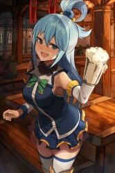 1girls 4others alcohol aqua_(konosuba) beer beer_mug blue_eyes blue_hair blue_skirt breasts cup detached_sleeves female highres holding holding_cup kono_subarashii_sekai_ni_shukufuku_wo! looking_at_viewer medium_breasts mug multiple_others nasubin_(nasubisamurai15) sketch skirt smile solo thighhighs white_sleeves white_thighhighs zettai_ryouiki