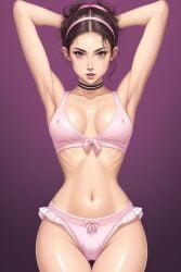 ai_generated bow bow_bra bow_panties bra brown_hair drawing headband lingerie_only pink_bra pink_panties realistic