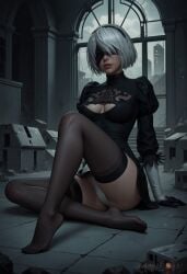 ai_generated angel_light angel_light_(artist) ass cameltoe legs nier:_automata stockings white_hair yorha_2b