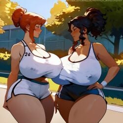 2d 2d_(artwork) 2girls ai_generated big_ass big_breasts booty_shorts cleavage clothed clothing crop_top erect_nipples erect_nipples_under_clothes female_only huge_ass huge_breasts hyper_breasts looking_at_another looking_at_partner mamaguevin sexual_tension short_shorts thick_thighs voluptuous voluptuous_female wide_hips yuri