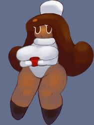 1girls artesjsc big_breasts blue_background breasts brown_eyes brown_hair clothed clothing cocoa_cookie cookie_run dark-skinned_female dark_skin eyelashes female female_only gloves hair long_hair open_mouth revealing_clothes simple_background solo standing tagme thick_thighs