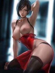 ada_wong armpits black_hair choker looking_at_viewer medium_breasts panties red_dress resident_evil sakimichan short_hair stockings thick_thighs torn_clothes