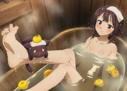 bare_arms bare_belly bare_legs bare_shoulders bare_thighs barefoot bath bathing bathtub belly_button blush body_blush breasts brown_hair chomusuke closed_mouth collarbone completely_nude convenient_censoring crossed_legs feet kono_subarashii_sekai_ni_shukufuku_wo! megumin nude official_art partially_submerged pointy_chin red_eyes short_hair small_breasts smile steam thighs toes towel_on_head wet_body wet_hair