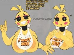 animatronic anthro areola avian biped bird black_sclera blood bodily_fluids breasts dialogue eyebrows eyelashes female five_nights_at_freddy's five_nights_at_freddy's_2 grey_background hi_res looking_at_viewer machine nipples robot scottgames sharp_teeth simple_background smile solo teeth toy_chica_(fnaf) vattarena white_eyes yellow_body