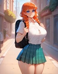 1girls ai_generated big_ass big_breasts blue_eyes braid braided_hair curvy curvy_figure cute cute_face freckles light-skinned_female light_skin melony_(xandr) plaid plaid_skirt red_hair school_uniform schoolgirl shirt skirt thick thick_ass thick_legs thick_thighs twin_braids xandr young younger_female