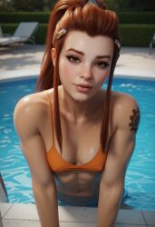 1girls ai_generated angel_light angel_light_(artist) bikini breasts brigitte brown_eyes brown_hair overwatch pool wet