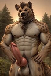 abs ai_generated anthro balls big_penis collar erection fangs genitals gnoll grey_eyes hi_res hyaenid kitya_greyfeather knot looking_at_viewer male mammal muscular muscular_anthro muscular_male nipples nude nude_male pecs penis smile solo spiked_collar spikes