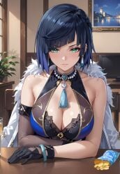 ai_generated black_hair blue_eyes bracelet genshin_impact gloves green_eyes looking_at_viewer potato_chips sitting table white_jacket yelan_(genshin_impact)