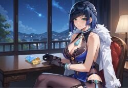 ai_generated black_hair blue_hair dual_colored_hair genshin_impact green_eyes legs_crossed looking_at_viewer night potato_chips salt_and_vinegar sitting smiling table yelan_(genshin_impact)