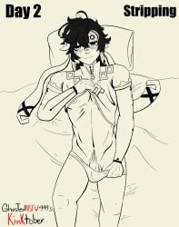 average_sized_penis black_hair gay genshin_impact ghostednsfw444 half_naked kinich_(genshin_impact) kinktober lying_down lying_on_back lying_on_bed male male_focus male_only no_color penis penis_out penis_peek pubes pubic_hair pulling_down_pants pulling_underwear pulling_underwear_down shy solo_male speedo stripping underwear undressing yaoi