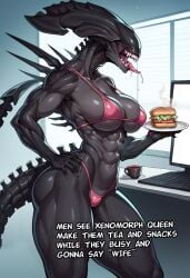 1girls alien_(franchise) bikini black_skin breasts burger claws, colored_skin daz8avas drool drooling female meme micro_bikini monster monster_girl muscular_female no_eyes saliva sharp_teeth side_view solo tail teeth text thick_thighs thighs xenomorph xenomorph_queen