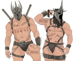 2023 2boys armor chains front_view harness heart heart heart_symbol helmet lord_of_the_rings male male_only nazgul nipple_piercing nipples piercing sauron_(lotr) simple_background standing straps underwear ventiskull white_background witch_king_of_angmar