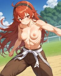 ai_generated angry angry_face areolae athletic_female eris_greyrat g-cup hairband large_breasts light-skinned_female light_skin long_hair looking_at_viewer muscular_female mushoku_tensei nipples red_eyes red_hair shorts solo_female squatting sweat sweatdrop voluptuous voluptuous_female