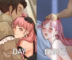 1boy 1boy1girl 1girls 2024 bed bedroom big_breasts blush blush_lines breasts brown_hair claude_von_riegan couple couple_(romantic) doggy_style doggy_style_position earrings fire_emblem fire_emblem:_three_houses gloves hair_grab hilda_valentine_goneril implied_sex long_hair nude nude_female open_mouth pillow pink_eyes pink_hair ponytail short_hair sideboob sideburns sierra117renner simple_background sometimes_like_this_also_like_that sweat sweatdrop sweating unseen_male_face