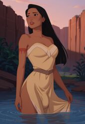 1futa 1girls ai_generated angel_light angel_light_(artist) black_hair bulge dickgirl disney disney_princess dress futanari penis pocahontas pocahontas_(character) princess