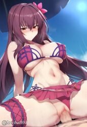 1boy 1girl bikini covered_nipples fate/grand_order fate_(series) female highleg_panties nipples purple_hair red_eyes scathach_(fate) sex skirt swimsuit vaginal_penetration