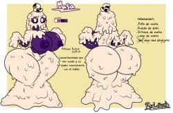 ass_focus big_ass big_breasts big_thighs bubble_butt character_name character_sheet digital_drawing_(artwork) female female_monster goo_creature highres looking_at_viewer massive_ass mianthro monster no_mouth purple_eyes purple_nipples purple_skin raylopez spanish_text thick_thighs vagina white_pupils