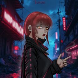 1female 1girls blade_runner_(series) blade_runner_2049 chainsaw_man city cloudy_sky coat dystopia female female_only finger_gun makima_(chainsaw_man) night red_hair solo solo_female text tmouse