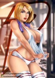 1girls 2023 almost_naked big_breasts blonde_hair blue_eyes blurry_background bob_cut breasts cedric_humbert dc_comics deviantart_username diabolumberto dolphin_shorts ed_benes_studio female female_only fred_benes gym heroine huge_breasts karen_starr large_breasts light-skinned_female micro_shorts microshorts mostly_nude mostly_nude_female power_girl red_lipstick short_hair solo stockings superheroine thighhighs wet_clothing white_legwear white_shorts white_stockings