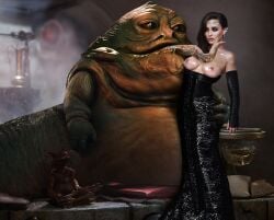 before_rape brown_hair contrast diplomacy disgusted disgusted_look dress_pulled_down exposed_breasts groping hutt jabba's_palace jabba_the_hutt katherine_langford licking_breast original_character pervert star_wars