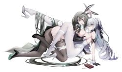 2girls breasts_squeezed_together bronya_zaychik chocolate grey_hair honkai_impact_3rd large_breasts ness_(pjw0168) playboy_bunny rabbit_ears rabbit_tail vita_(honkai_impact) white_background yuri