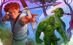 2boys abs arrow_(projectile) bow_(weapon) completely_nude day death freckles headshot highres holding holding_bow_(weapon) holding_weapon male_death male_only male_pubic_hair multiple_boys muscular muscular_male navel nude one_eye_closed orc original outdoors owusyr penis pubic_hair red_hair short_hair teeth tree weapon