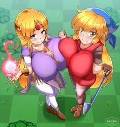 2girls blonde_hair blue_eyes blush boots breasts breasts_press buuta_(densya101) cadence_(crypt_of_the_necrodancer) cadence_of_hyrule crypt_of_the_necrodancer full_body full_color fully_clothed green_eyes holding_hands magic nintendo shovel smile sweat sweatdrop the_legend_of_zelda white_skin yellow_hair zelda_(cadence_of_hyrule)