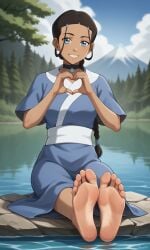 ai_generated ass avatar_legends avatar_the_last_airbender bare_legs barefeet barefoot bigmic145 braid braided_hair braided_ponytail breasts clothed clothed_female clothing feet foot_fetish foot_focus katara nickelodeon robe soles solo solo_female wet