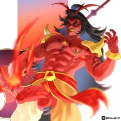 1:1 1boy artist_name bara black_hair burning_spice_cookie cookie_run cookie_run_kingdom fire kheng0122 long_hair male muscle muscular muscular_male nsfw red_body red_eyes shaded solo tagme twitter_username