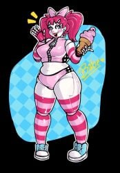 arm_warmers blue_eyes bow circus_baby circus_baby_(fnaf) clown clown_girl curvy curvy_female curvy_figure five_nights_at_freddy's fnaf ice_cream peachrot pink_hair pinkypills pinup robot robot_girl rosy_cheeks shiny solo thighhighs toy_baby twintails zipper