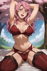 1girls ai_generated arms_up big_breasts black_clover bra breasts garter_straps hi_res large_breasts lingerie maxartison panties pink_hair purple_eyes skimpy stockings thick_thighs thighhighs thighs thong vanessa_enoteca voluptuous