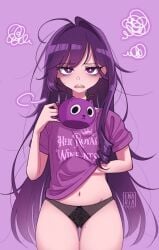 1girls belly_button black_panties coffee coffee_mug enaria_liliales enaria_liliales_(artist) female female_only light-skinned_female light_skin mug nexas_live panties purple_eyes purple_hair solo t-shirt tired virtual_youtuber waking_up